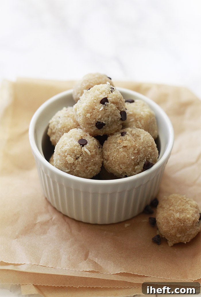 Healthy raw vegan chocolate chip cookie dough balls, perfect for snacks