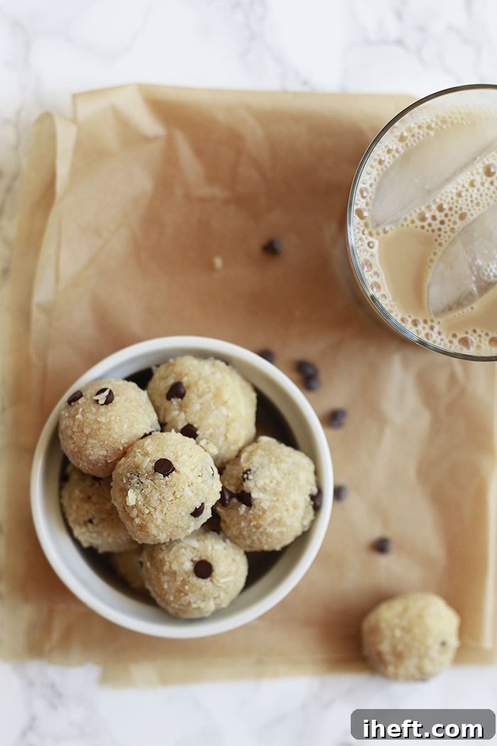 Handful of raw chocolate chip cookie dough balls, a perfect healthy snack