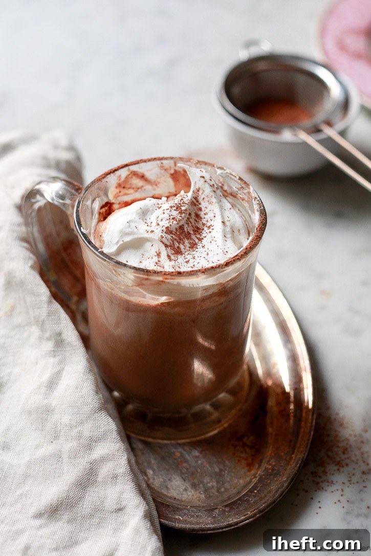 This beautiful vegan cacao hot chocolate is extra thick and creamy, offering a truly decadent experience. You won't believe it's made with cashews and is entirely plant-based!