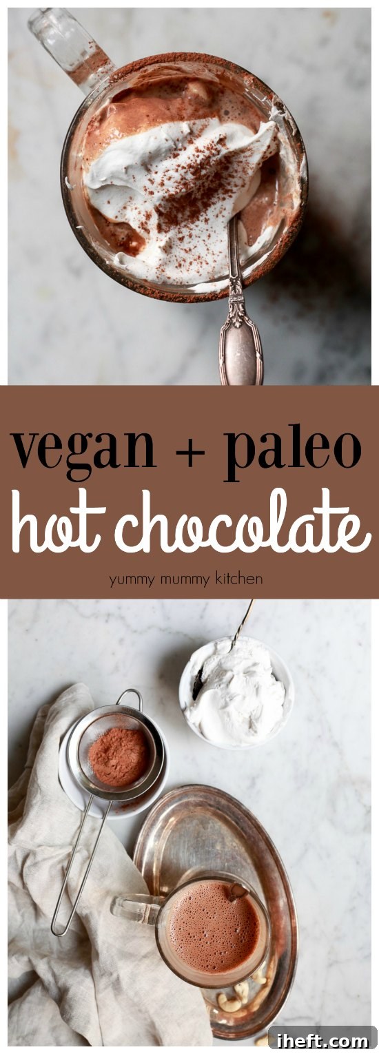 This quick and easy vegan hot chocolate recipe is so rich, creamy, and delicious, made with all plant-based ingredients like cashews, cacao, and maple syrup.