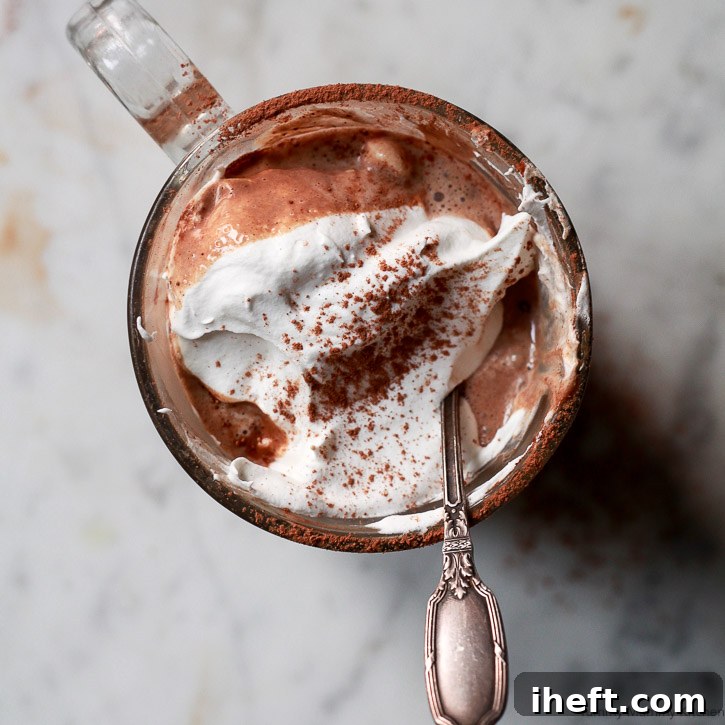 A cozy mug of vegan hot chocolate, artfully topped with fluffy coconut whipped cream, making for an easy and delightful plant-based treat.