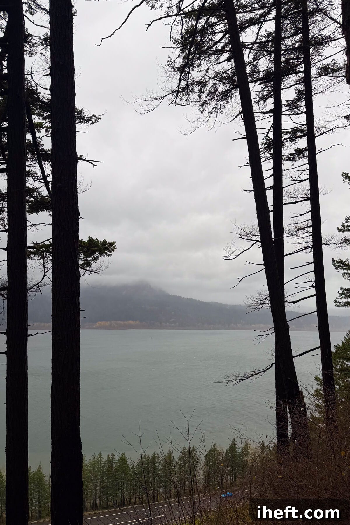 Misty Columbia River Gorge view from the Multnomah Falls hiking trail.