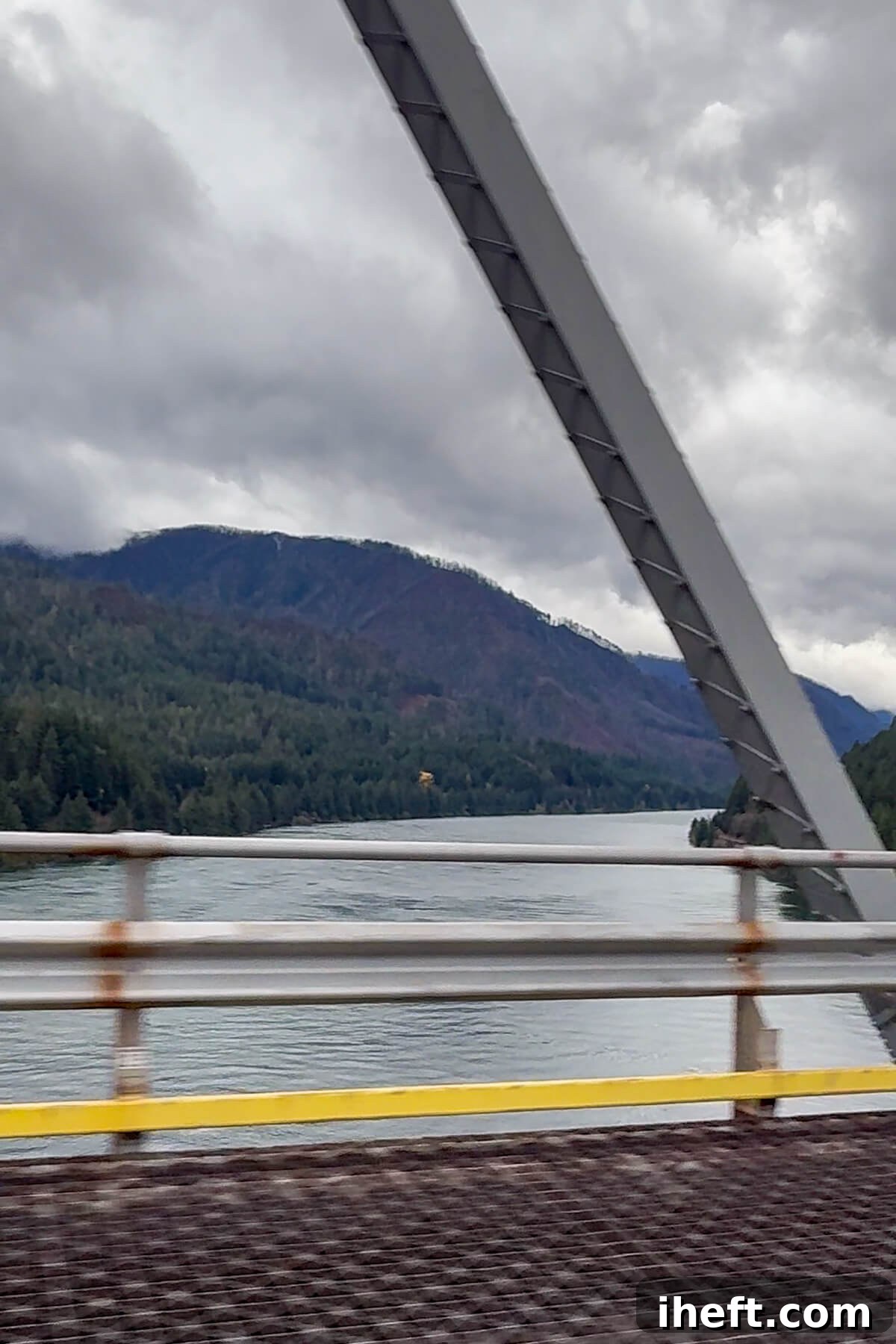 View of the Columbia River Gorge while crossing the Bridge of the Gods from Oregon into Washington.
