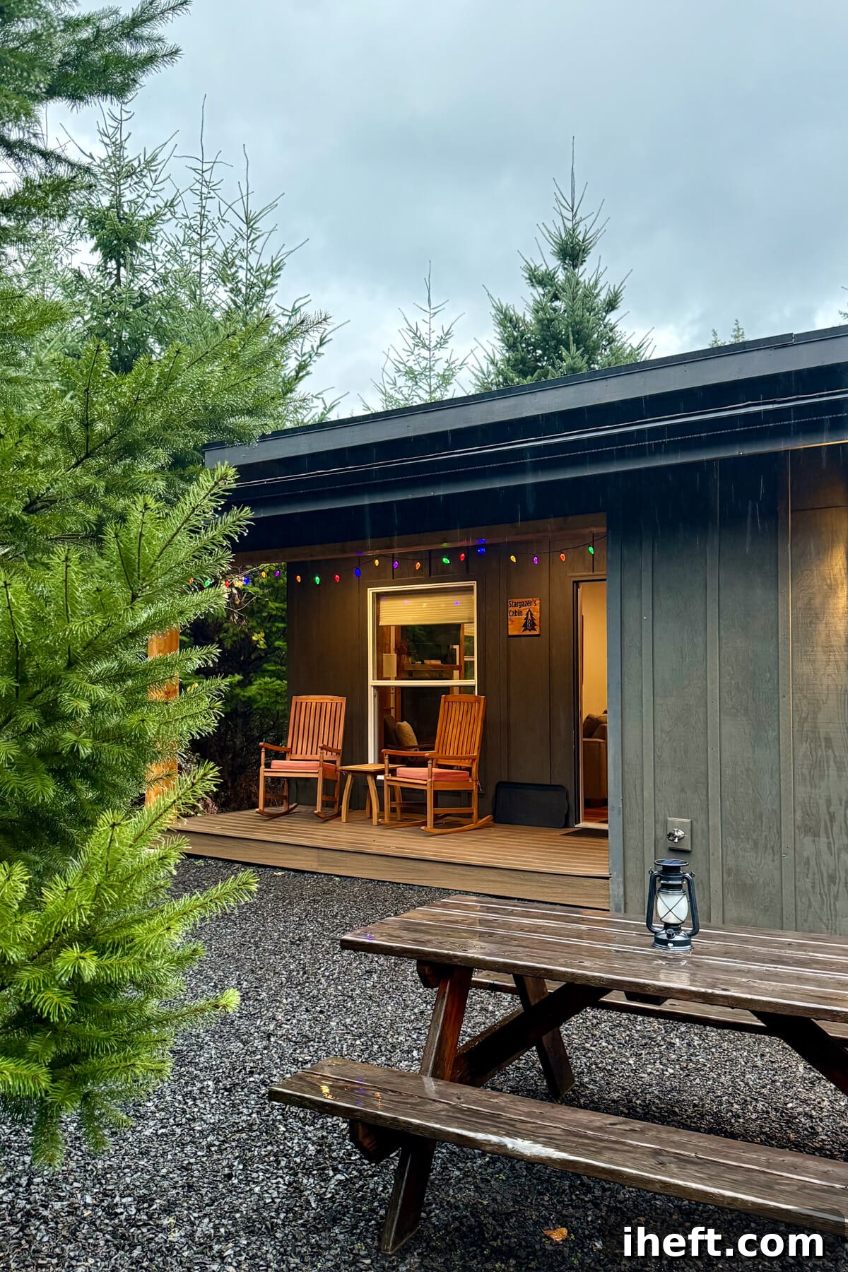 Backwoods Cabins in Carson, Washington, surrounded by evergreen trees on a rainy day.