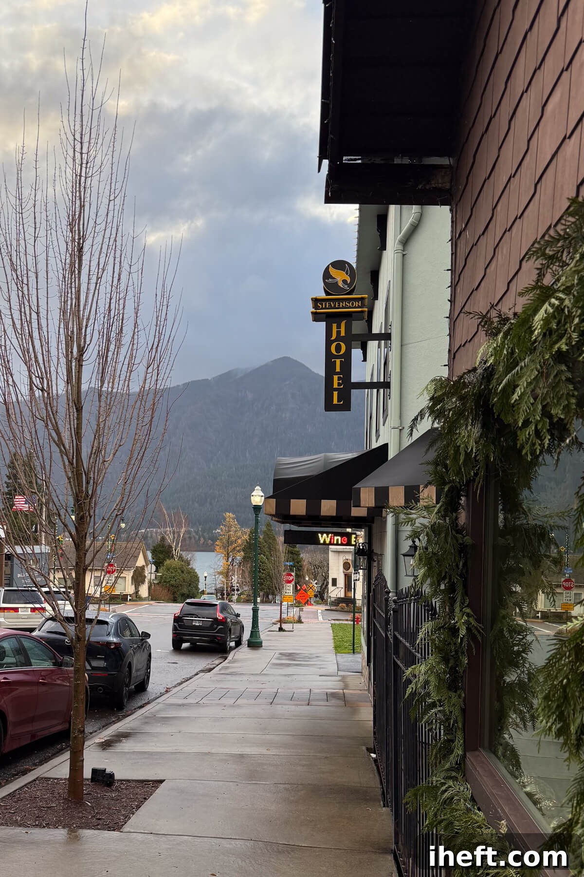 Hotel Stevenson in downtown Stevenson, Washington, with Columbia River Gorge mountains in the background.