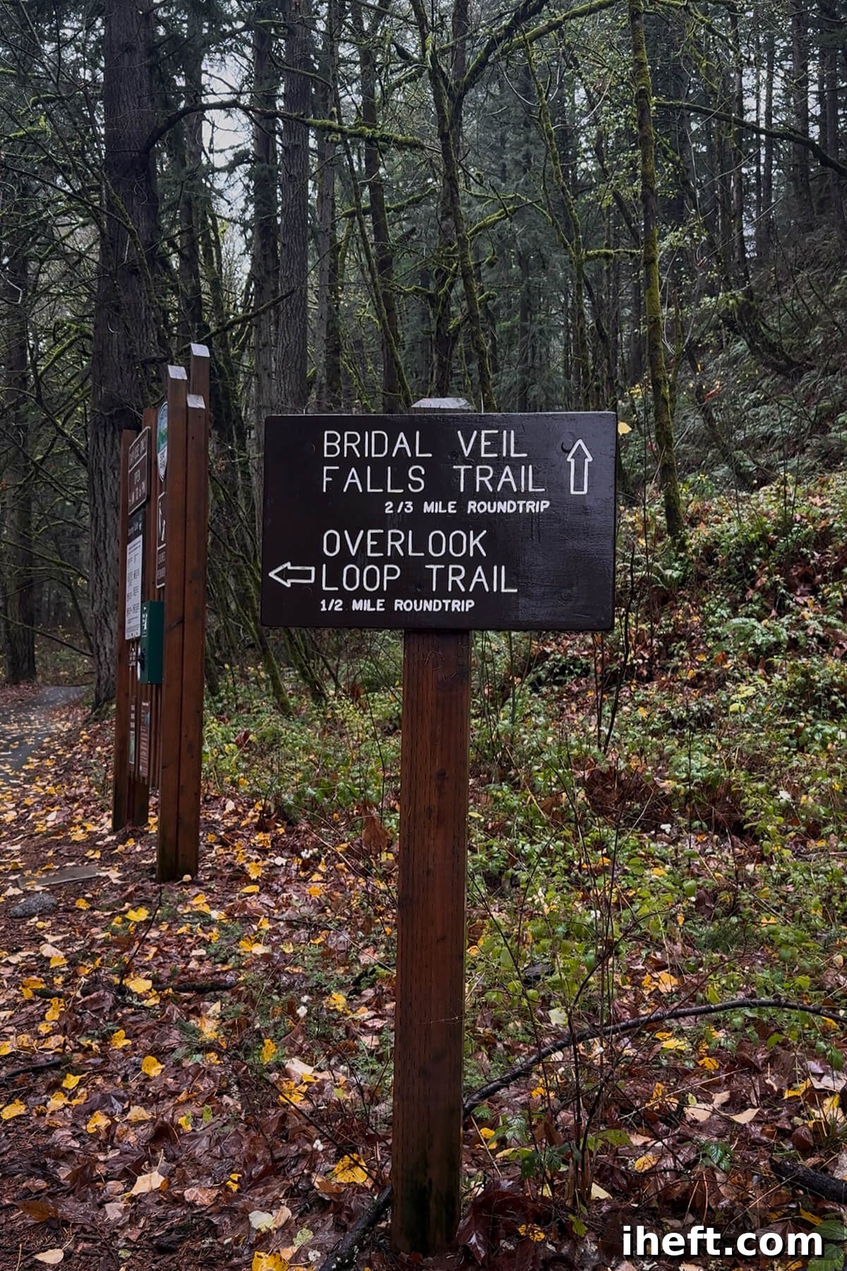 Bridal Veil Falls Trail sign showing the two-thirds-mile round-trip hike in the Columbia River Gorge.
