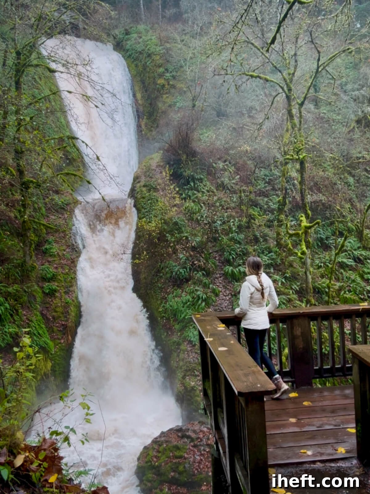 Marina Delio overlooking Bridal Veil Falls in the Columbia River Gorge on a rainy day.